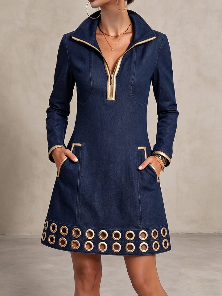 Denim Dress With Gold Trim And Metallic Eyelets
